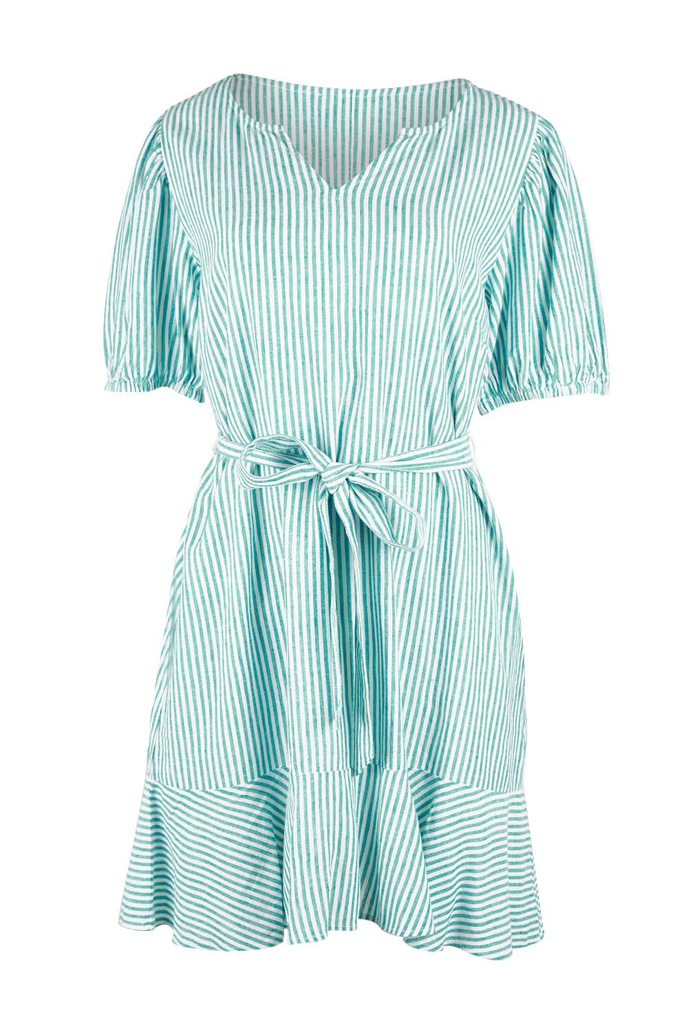 Product shot of the Birdie Dress in colour Tealstripe (Green), from the front