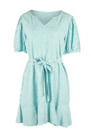 Product shot of the Birdie Dress in colour Tealstripe (Green), from the front