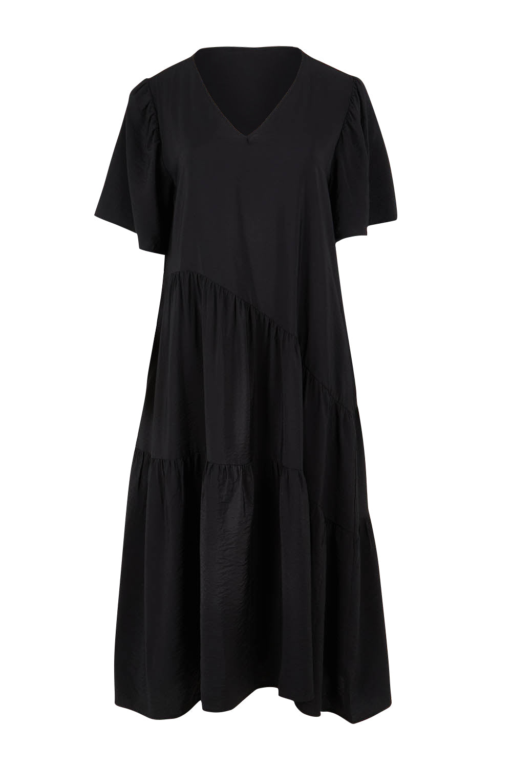 Product shot of the Florence Tiered Dress in colour Black (Black), from the front
