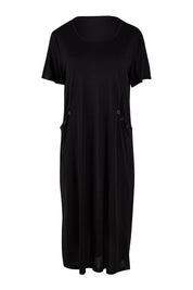 Product shot of The Bamboo Blend Button Dress in colour Black (Black), from the front