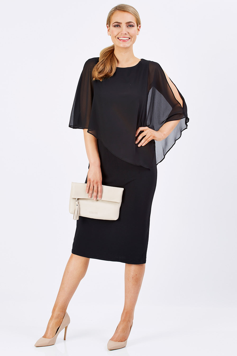 Model Marnee wearing size 10 of The Overlay Midi Dress in colour Black (Black), from the front, showing the whole outfit