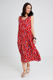 Model Andrea wearing size 10 of The Print Layered Maxi in colour Redfloral (Red), from the front, showing the whole outfit