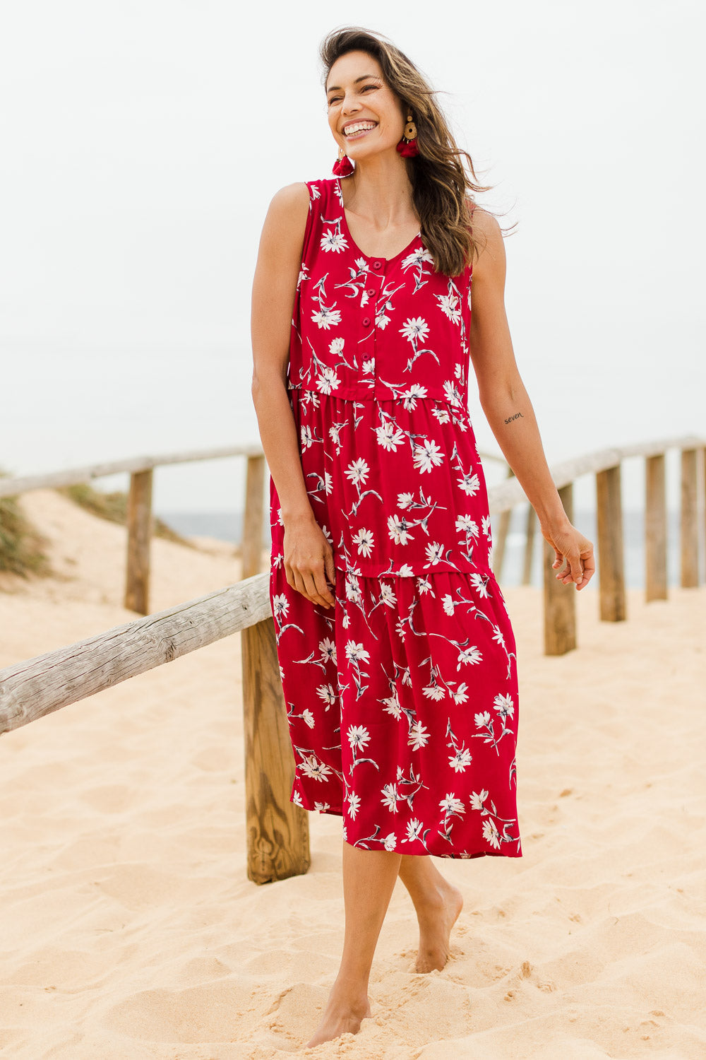 Model Amanda wearing size 10 of The Print Layered Maxi in colour Redprint (Red), from the front, showing the whole outfit