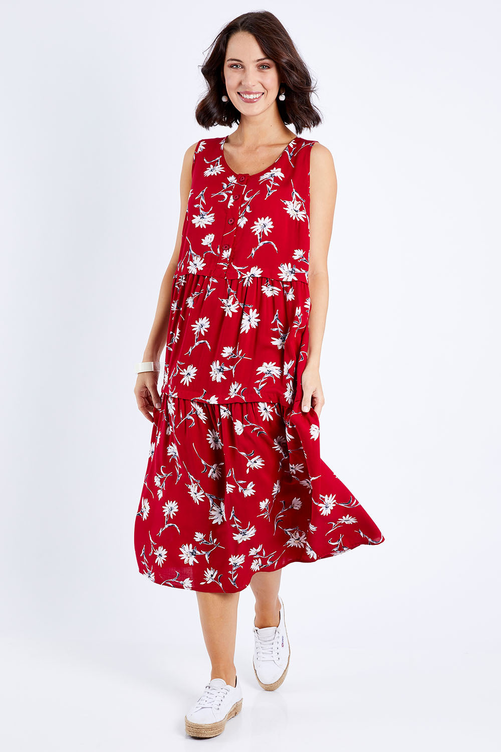 Model Andrea wearing size 10 of The Print Layered Maxi in colour Redprint (Red), from the front, showing the whole outfit