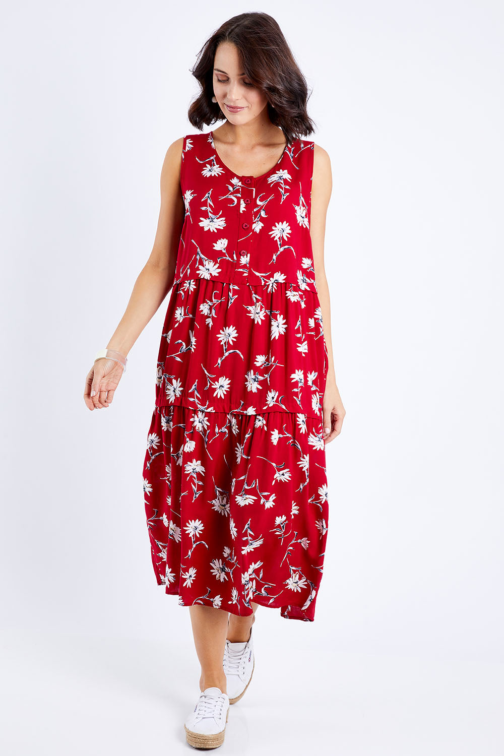 Model Andrea wearing size 10 of The Print Layered Maxi in colour Redprint (Red), from the front, showing the whole outfit