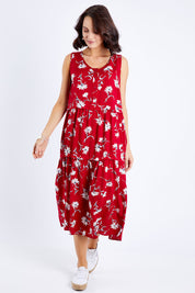 Model Andrea wearing size 10 of The Print Layered Maxi in colour Redprint (Red), from the front, showing the whole outfit