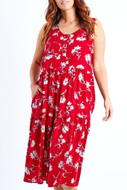 Model Laura wearing size 14 of The Print Layered Maxi in colour Redprint (Red), from the front, cropped image