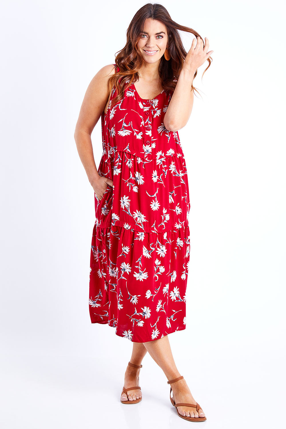 Model Laura wearing The Print Layered Maxi in colour Redprint (Red), from the front, showing the whole outfit