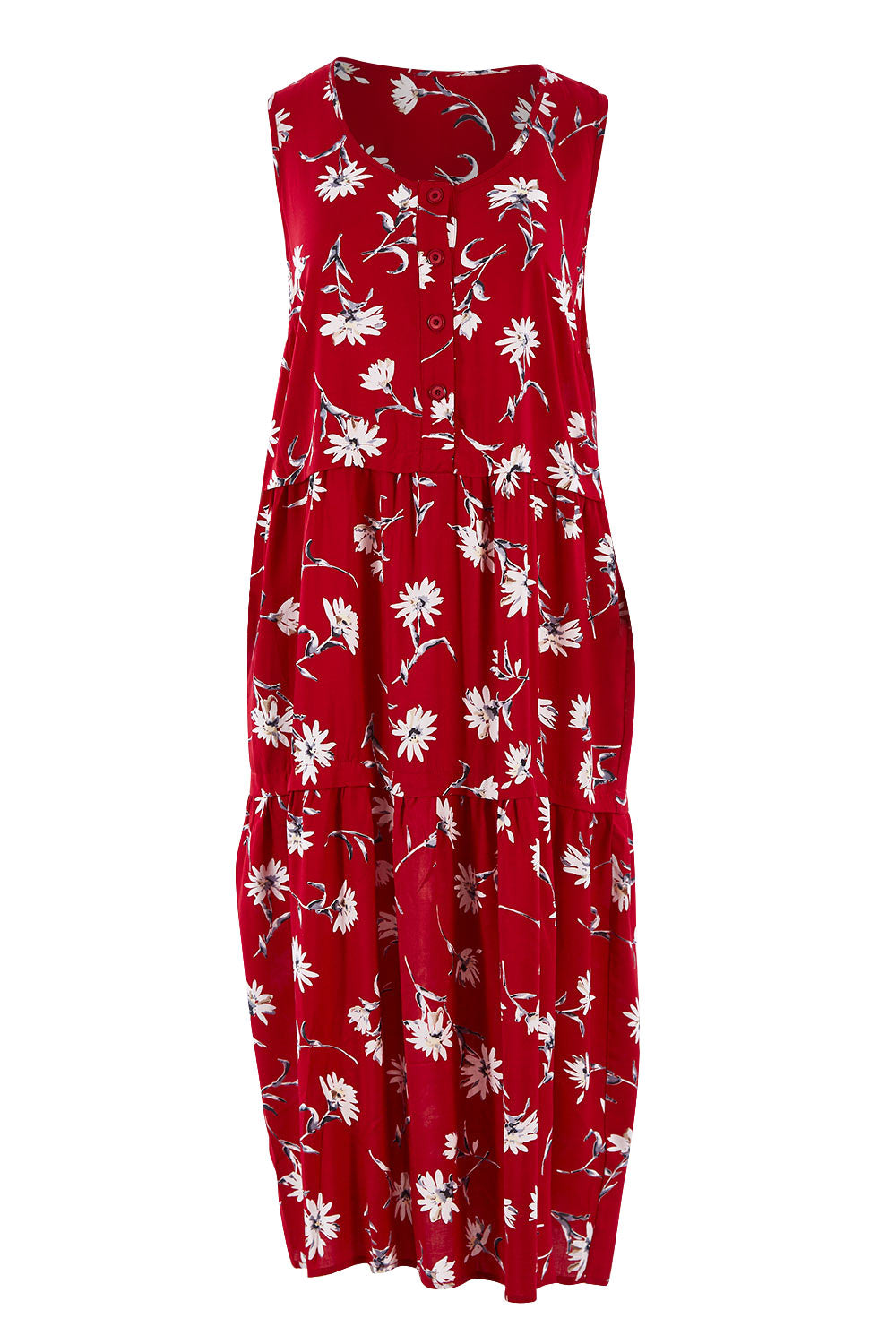 Product shot of The Print Layered Maxi in colour Redprint (Red), from the front