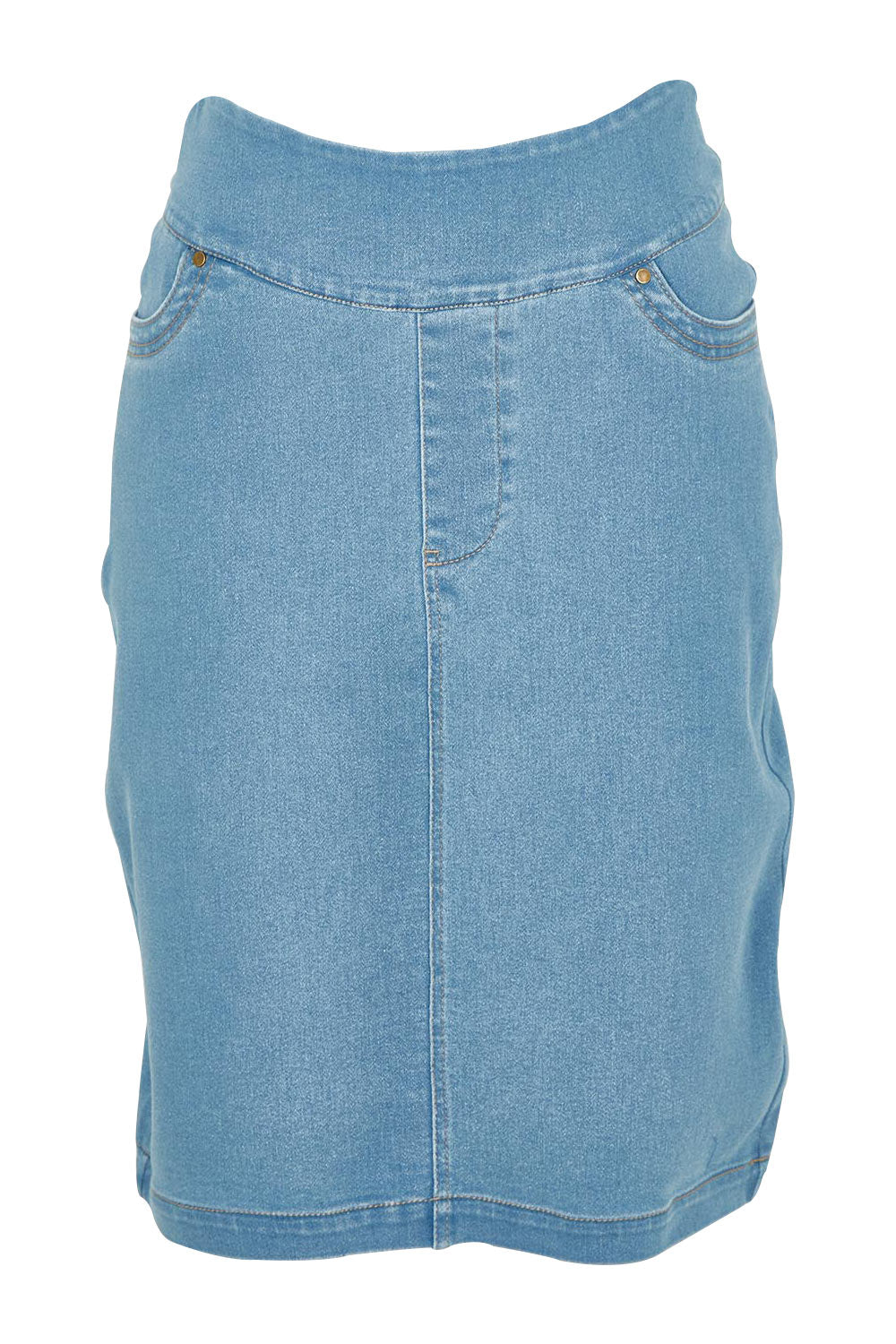 Product shot of The Pull On Denim Skirt in colour Lightdenim (Blue), from the front