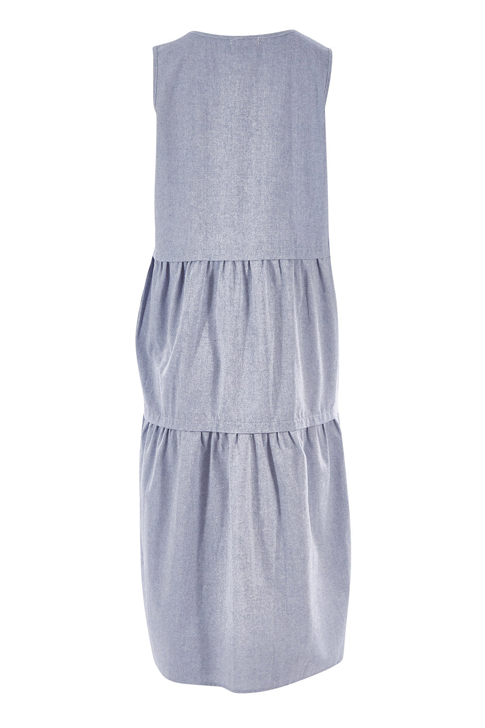 Product shot of The Chambray Tiered Dress in colour Chambray (Blue), from the back