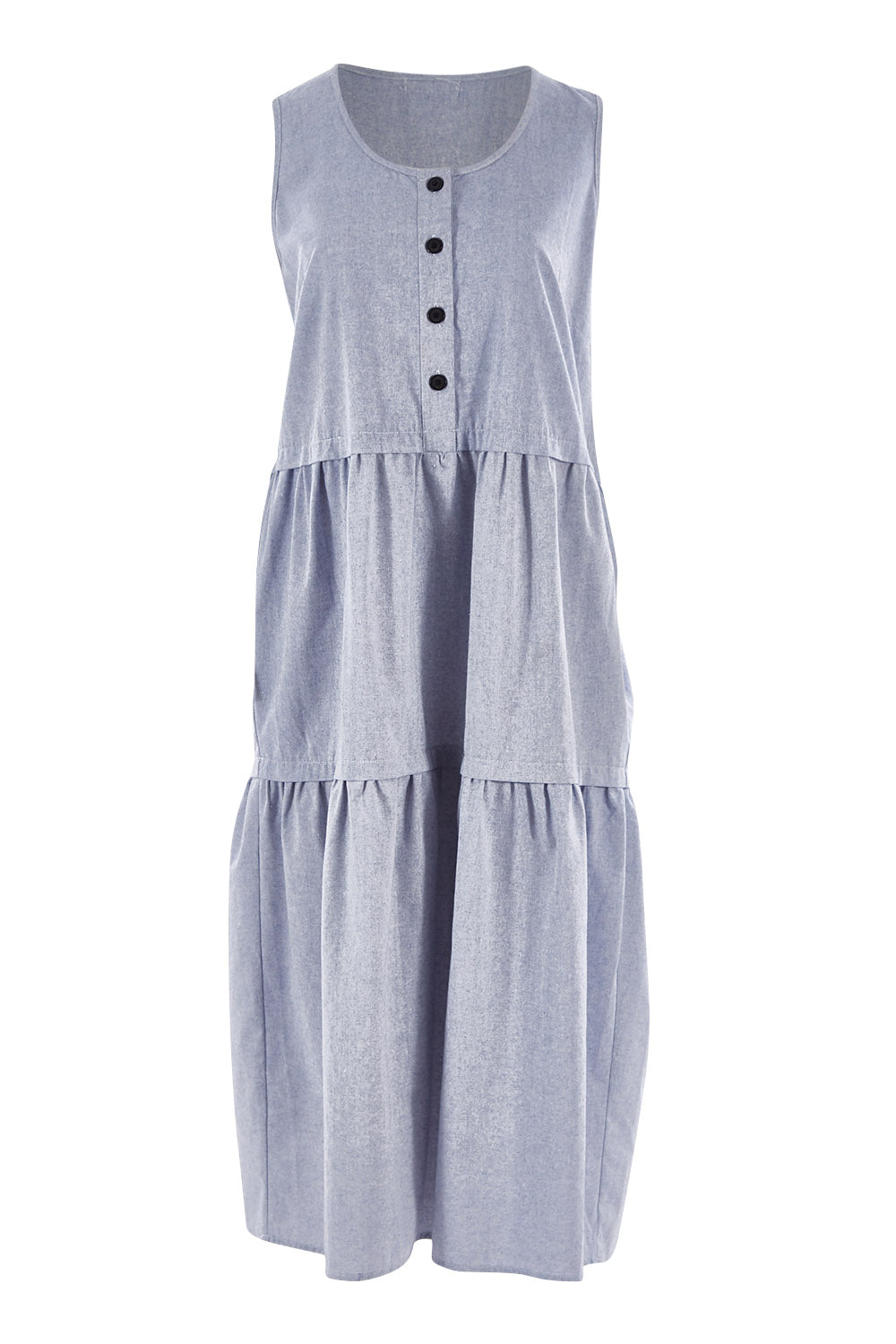 Product shot of The Chambray Tiered Dress in colour Chambray (Blue), from the front