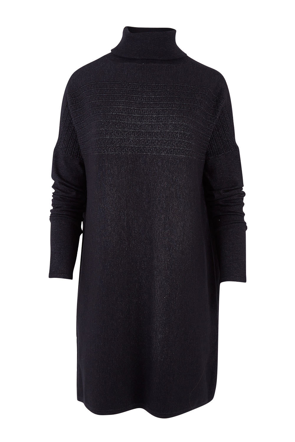 Product shot of The Cable Knit Dress in colour Blackfleck (Black), from the front