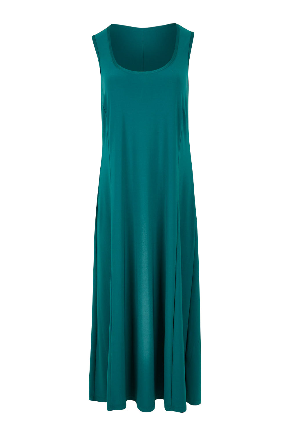 Product shot of The Recycled A Line Midi Dress in colour Deeplagoon (Green), from the front