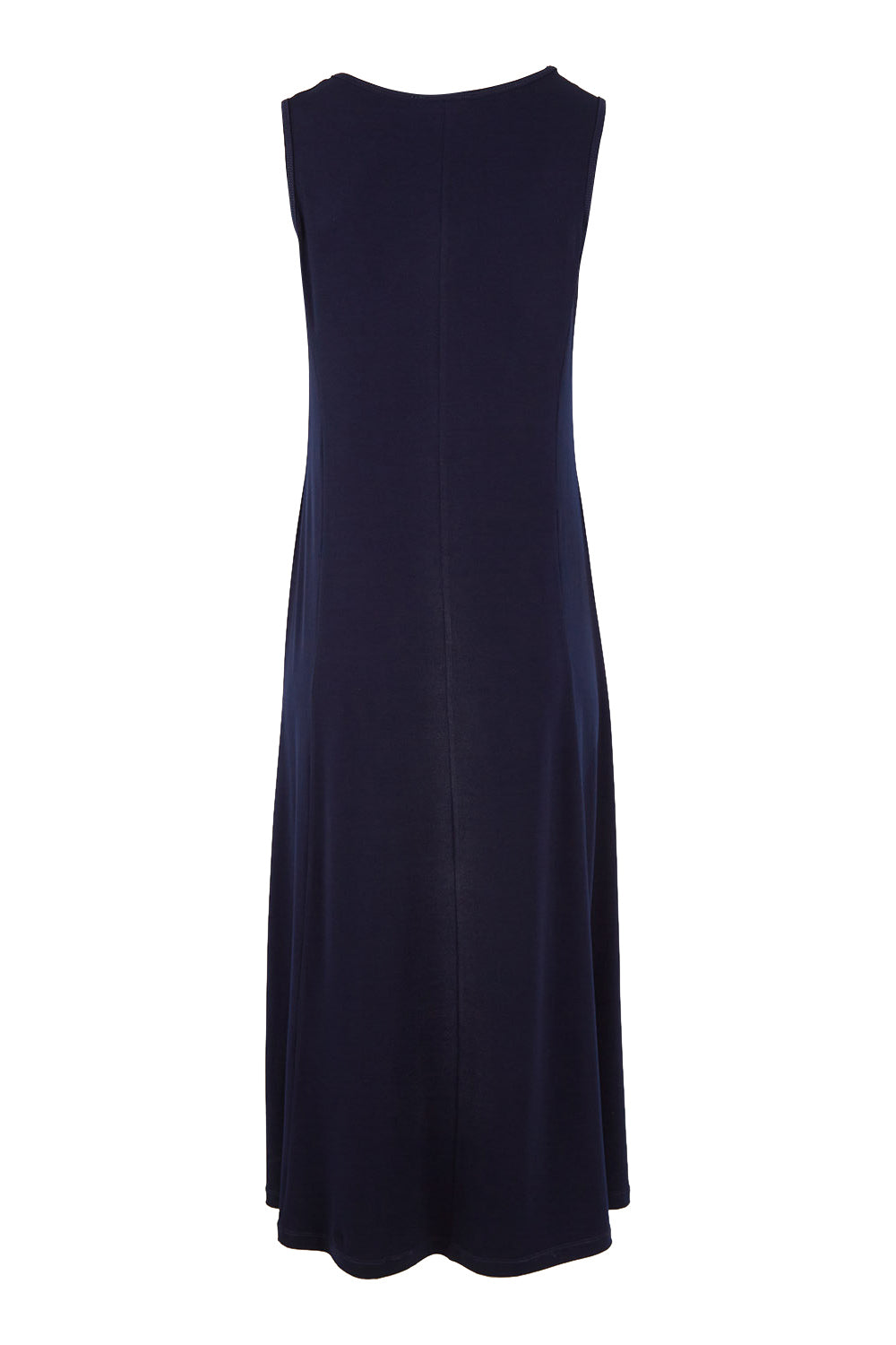 Product shot of The Recycled A Line Midi Dress in colour Navy (Blue), from the back