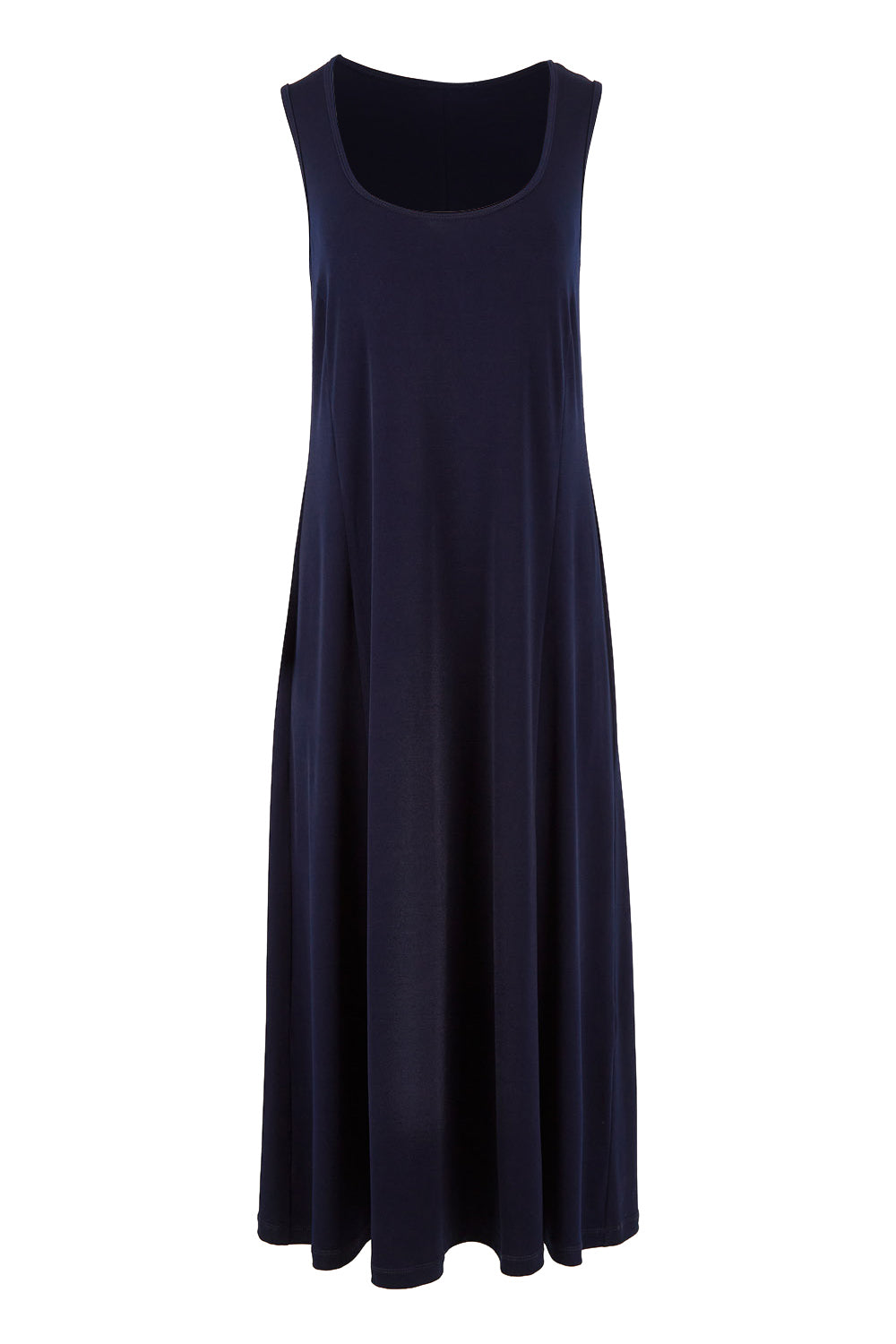 Product shot of The Recycled A Line Midi Dress in colour Navy (Blue), from the front