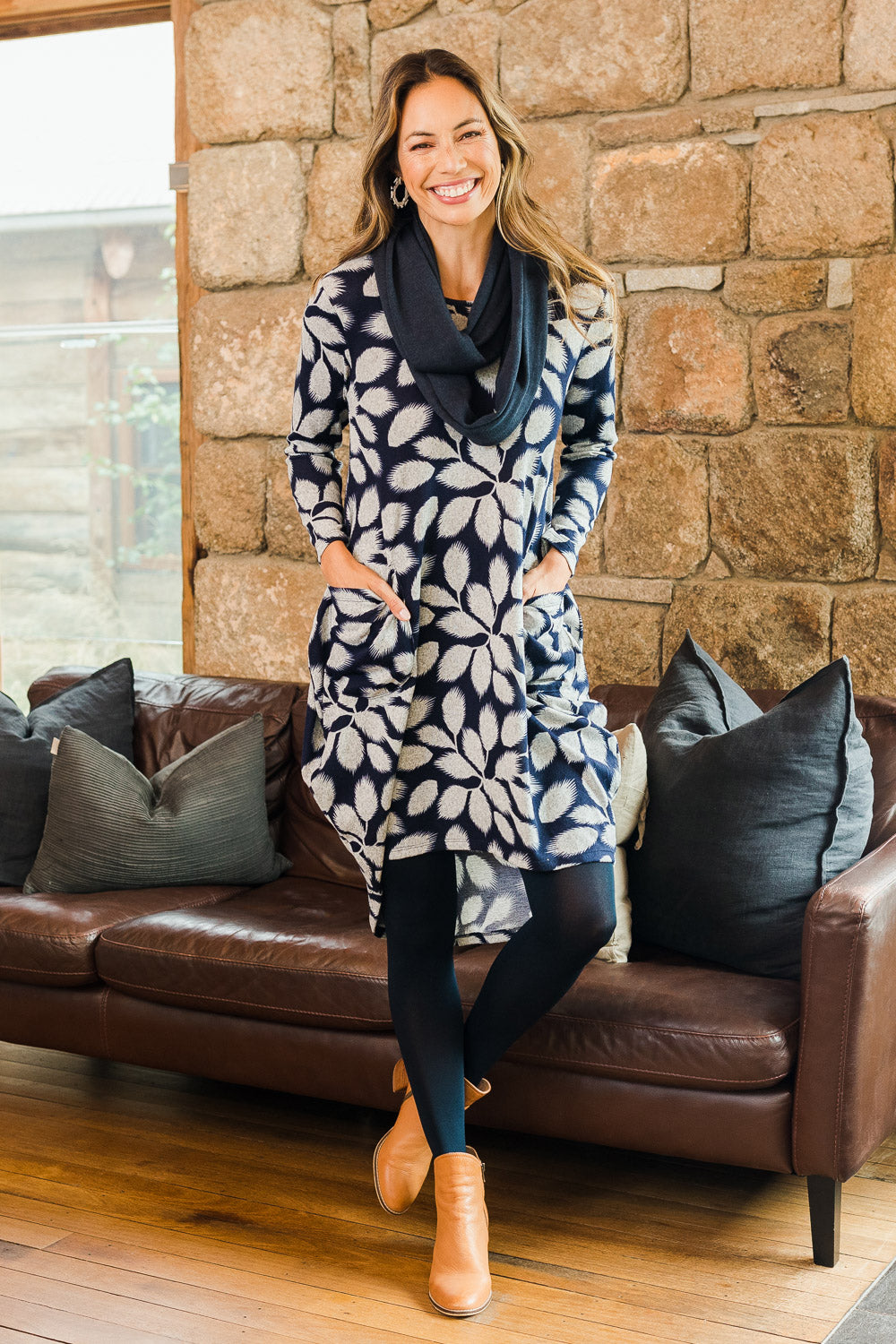 Model Amanda wearing size 10 of The Cosy Pocket Detail Dress in colour Navyleaf (Blue), from the front, showing the whole outfit