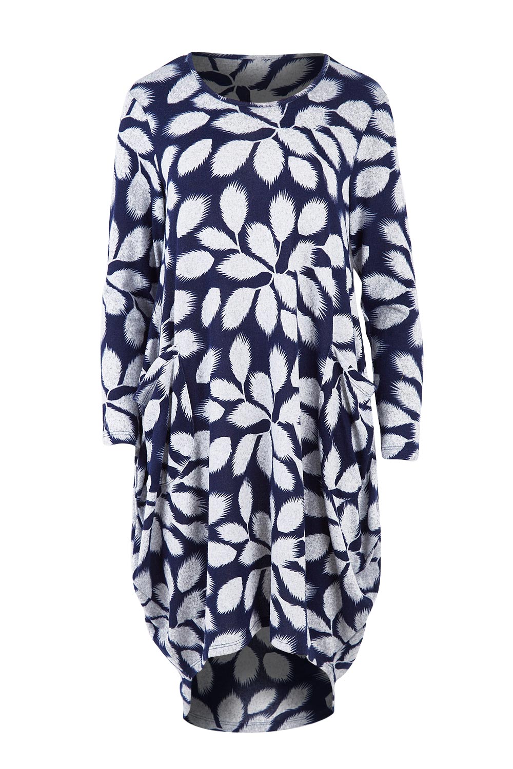 Product shot of The Cosy Pocket Detail Dress in colour Navyleaf (Blue), from the front