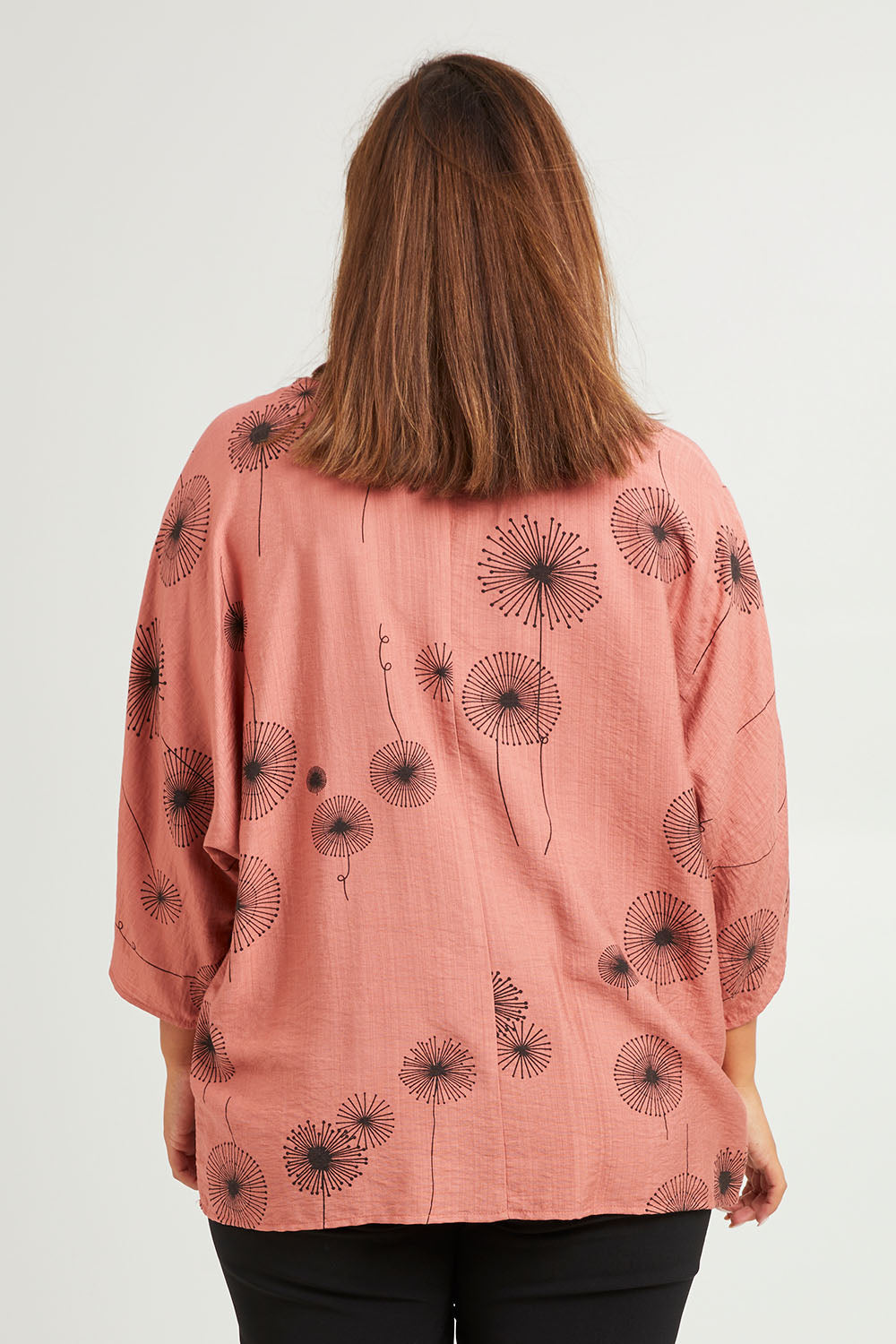 Model Monique wearing size 14 of The Relax Fit Printed Top in colour Rosecopper (Pink), from the back