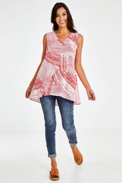Model Vitoria wearing size 10 of The Trapeze Print Top in colour Redwhite (Red), from the front, showing the whole outfit