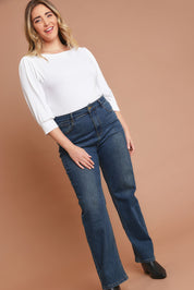 Model Chanel wearing size 16 of The Keepers Highwaisted Straight Jean in colour Darkdenim (Blue), from the front, showing the whole outfit