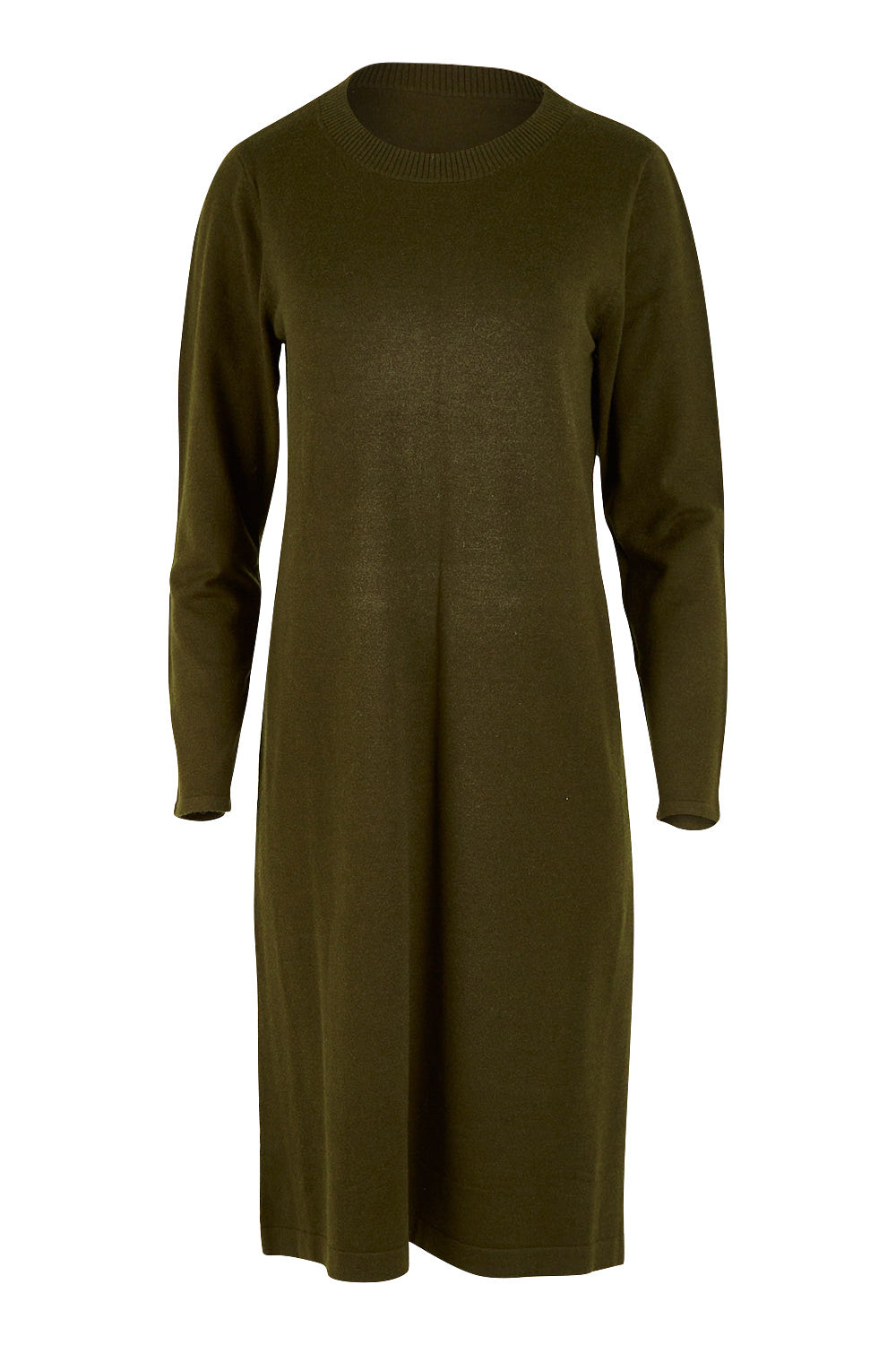 Product shot of The Everyday Knit Midi Dress in colour Deepkhaki (Green), from the front