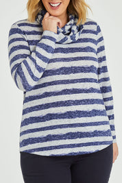 Model Jess wearing size 14 of The Striped Curved Hem Long Sleeve Tee in colour Cornflower (Blue), from the front, cropped image