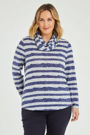 Model Jess wearing size 14 of The Striped Curved Hem Long Sleeve Tee in colour Cornflower (Blue), from the front, cropped image