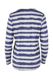 Product shot of The Striped Curved Hem Long Sleeve Tee in colour Cornflower (Blue), from the back
