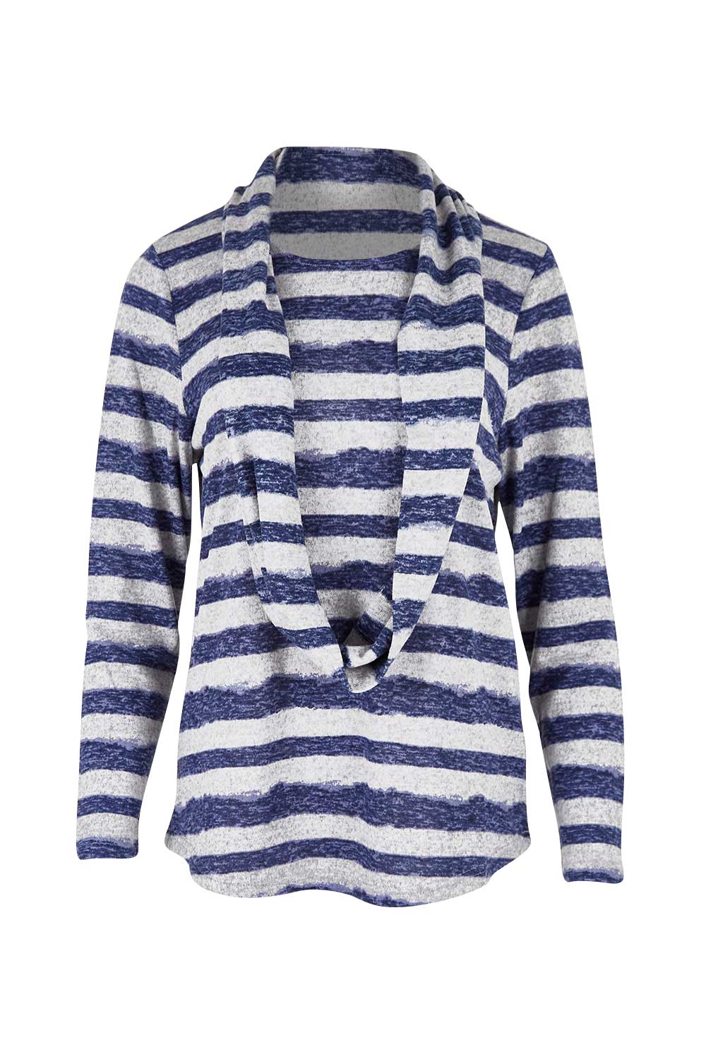 Product shot of The Striped Curved Hem Long Sleeve Tee in colour Cornflower (Blue), detail