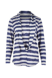 Product shot of The Striped Curved Hem Long Sleeve Tee in colour Cornflower (Blue), detail