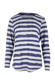 Product shot of The Striped Curved Hem Long Sleeve Tee in colour Cornflower (Blue), from the front