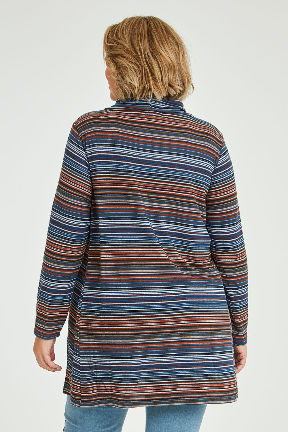 Model Fiona wearing size 16 of The Striped Light Knit Tunic in colour Bluestripe (Blue), from the back