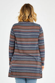 Model Jess wearing size 14 of The Striped Light Knit Tunic in colour Bluestripe (Blue), from the back