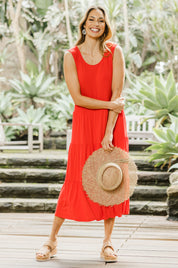 Model Amanda wearing size 10 of The Tiered Tank Dress in colour Red (Red), from the front, showing the whole outfit