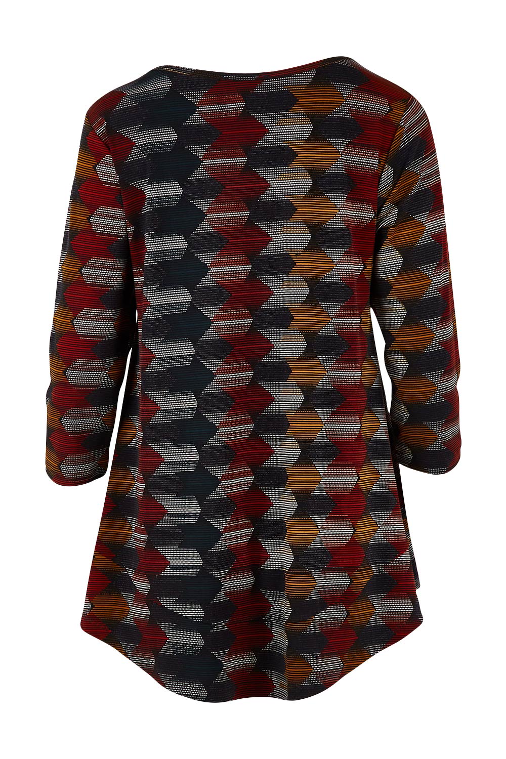Product shot of The Printed Jersey 3/4 Sleeve Swing Tee in colour Multiprint (Black), from the back