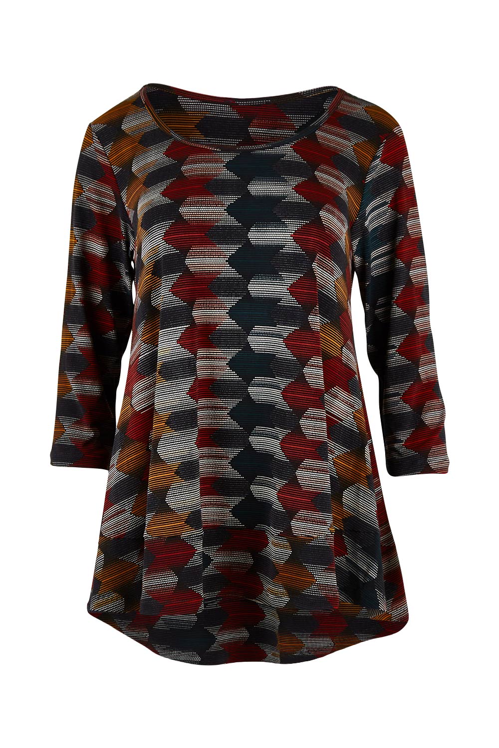 Product shot of The Printed Jersey 3/4 Sleeve Swing Tee in colour Multiprint (Black), from the front