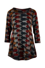 Product shot of The Printed Jersey 3/4 Sleeve Swing Tee in colour Multiprint (Black), from the front