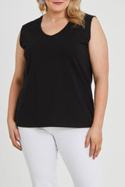 Model Keeara wearing size 16 of The Lace Insert Tank in colour Black (Black), from the front, cropped image