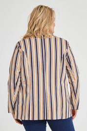Model Keeara wearing size 16 of The Striped Boyfriend Blazer in colour Camelstrip, from the back