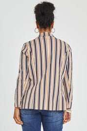 Model Noli wearing size 14 of The Striped Boyfriend Blazer in colour Camelstrip, from the back
