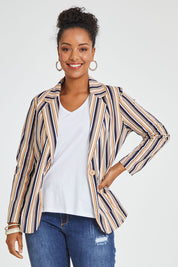 Model Noli wearing size 14 of The Striped Boyfriend Blazer in colour Camelstrip, from the front, cropped image