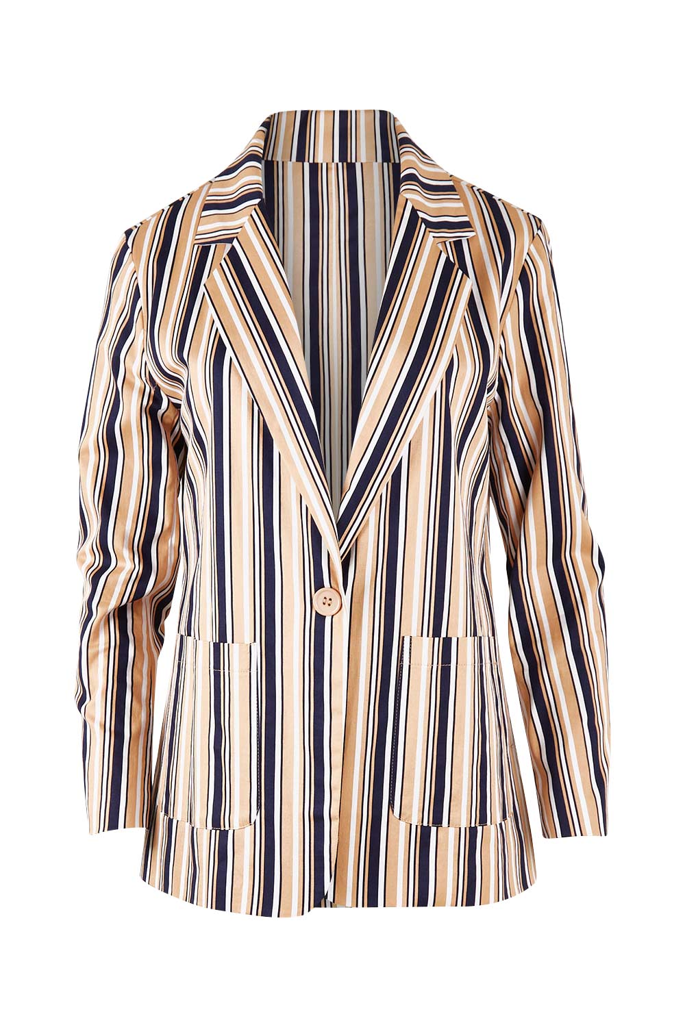 Product shot of The Striped Boyfriend Blazer in colour Camelstrip, from the front