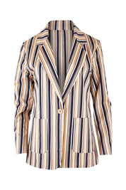 Product shot of The Striped Boyfriend Blazer in colour Camelstrip, from the front