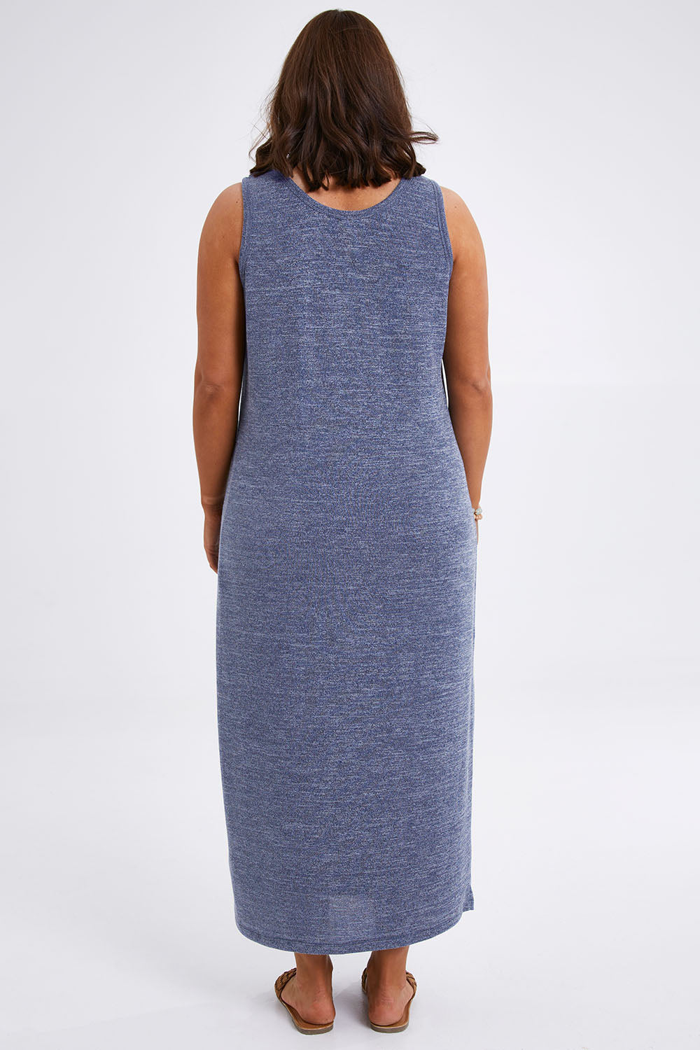 Model Monique wearing size 14 of The Perfect Summer Knit Maxi Dress in colour Denimmarle (Blue), from the back