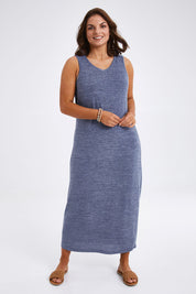 Model Monique wearing size 14 of The Perfect Summer Knit Maxi Dress in colour Denimmarle (Blue), from the front, showing the whole outfit