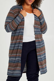 Model Alexis wearing size 16 of The Striped Edge To Edge Knit Cardigan in colour Denim (Blue), from the front, cropped image