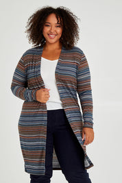Model Alexis wearing size 16 of The Striped Edge To Edge Knit Cardigan in colour Denim (Blue), from the front, cropped image