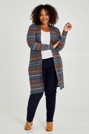 Model Alexis wearing size 16 of The Striped Edge To Edge Knit Cardigan in colour Denim (Blue), from the front, showing the whole outfit