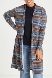 Model Noli wearing size 14 of The Striped Edge To Edge Knit Cardigan in colour Denim (Blue), from the front, cropped image